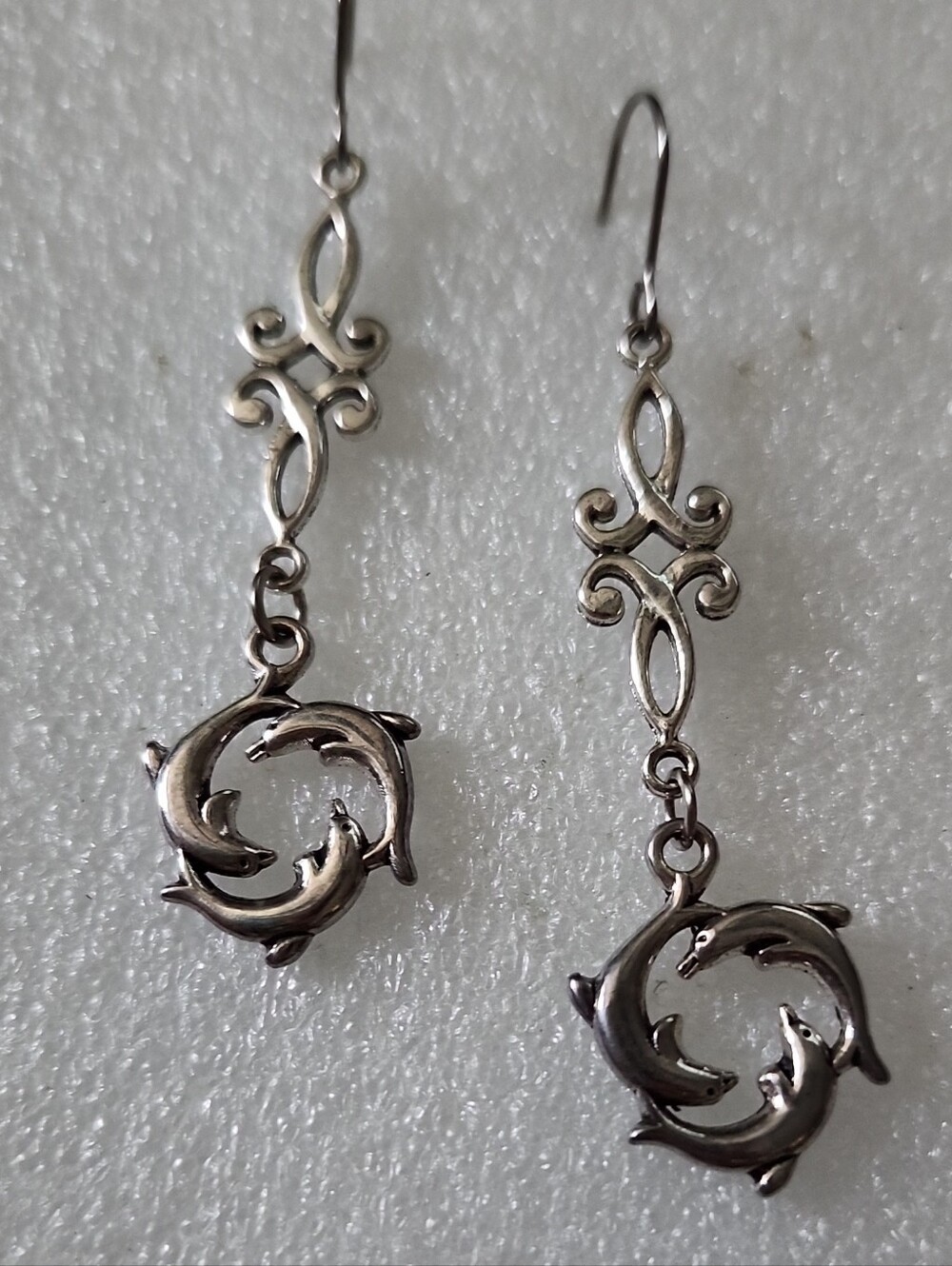 Hand Crafted Silver Tone Dolphin Circle Drop Earrings - Silver